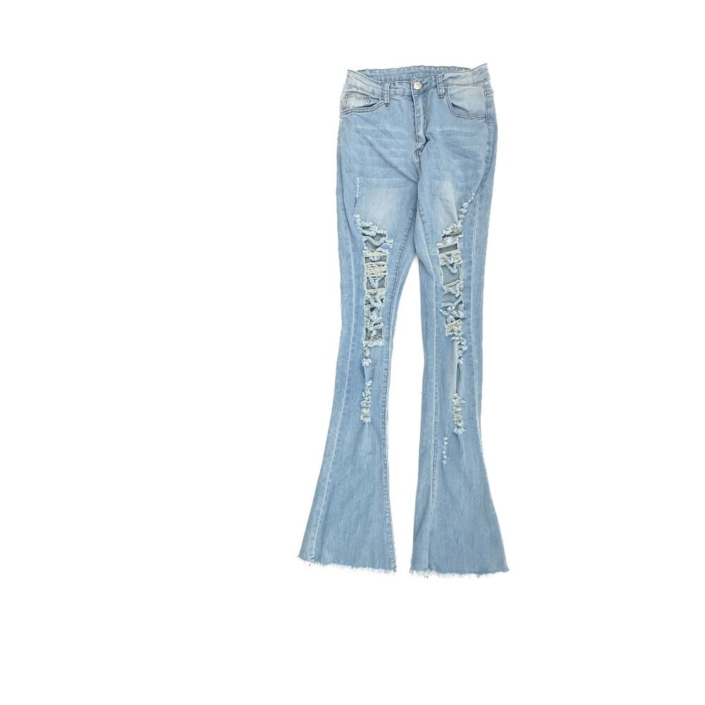 Shein Flare Jeans Womens 4 Light Blue Distressed Raw Hem High Rise Denim